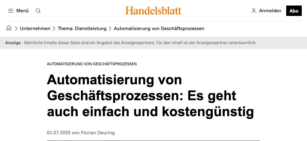 Handelsblatt-Beitrag: Automatisierung von Geschäftsprozessen: Es geht auch einfach und kostengünstig