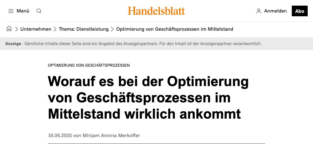 Handelsblatt-Beitrag: Worauf es bei der Optimierung von Geschäftsprozessen im Mittelstand wirklich ankommt
