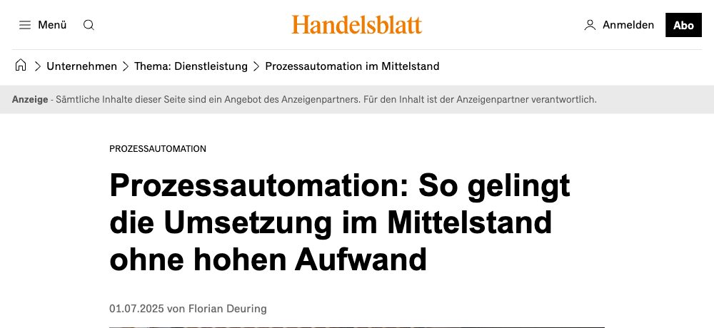 Handelsblatt-Beitrag: Prozessautomation: So gelingt die Umsetzung im Mittelstand ohne hohen Aufwand