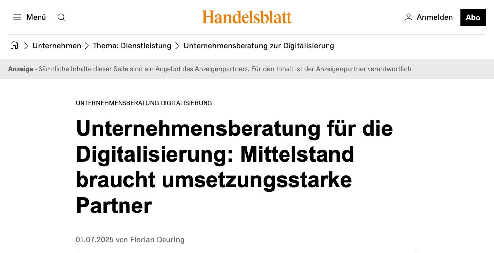 Handelsblatt-Beitrag: Unternehmensberatung für die Digitalisierung: Mittelstand braucht umsetzungsstarke Partner